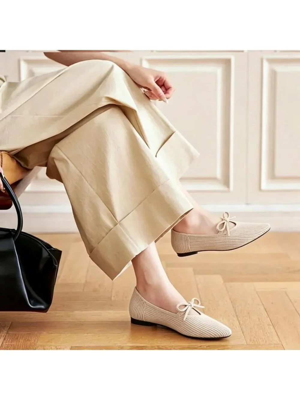Women's Beige Pointed Toe Knit Ballet Flats Comfortable Pull On Casual Shoes